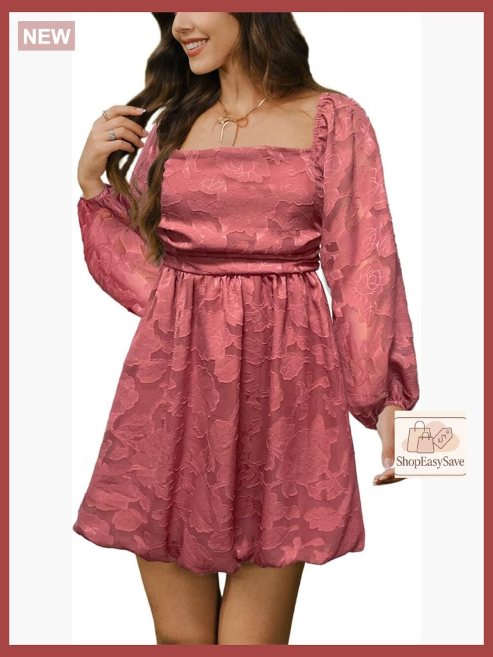 Floral Square Neck Bubble Mini Dress Long Sleeve Smocked Pleated A Line Formal
